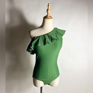 HERMOZA Vanessa Green One Piece One Shoulder Ruffle Diamond Texture Swimsuit 4